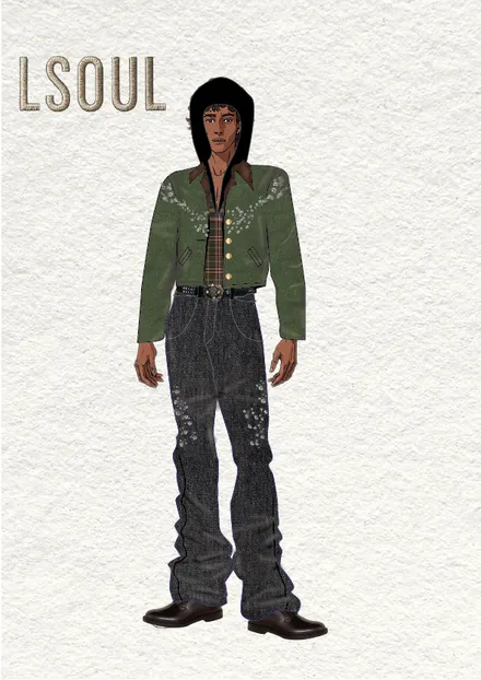 LSOUL fashion concept with a cropped olive jacket and wide black trousers