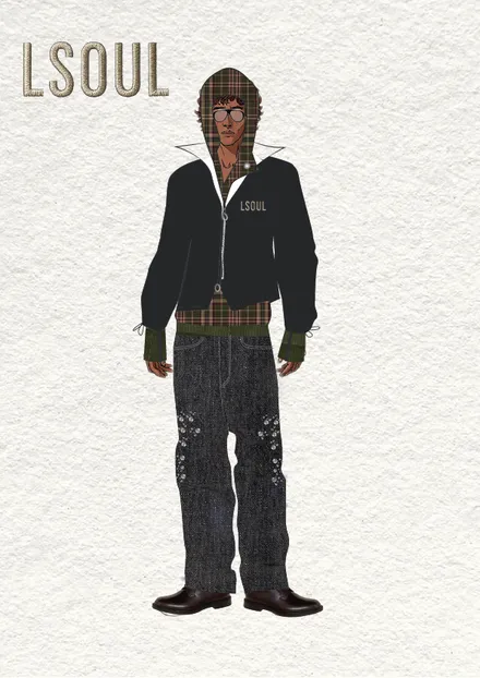 LSOUL fashion concept with a dark tailored jacket and distressed trousers