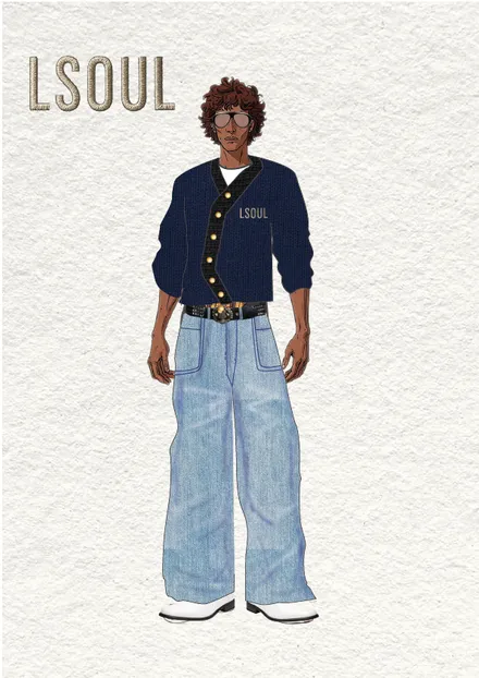 LSOUL fashion concept with a navy jacket and wide light-blue jeans
