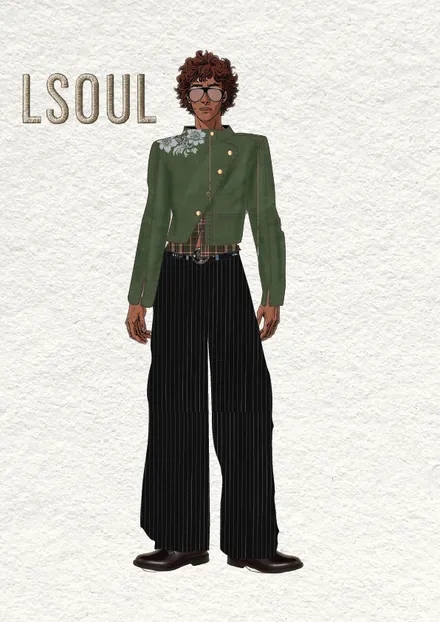 LSOUL fashion concept with an asymmetrical olive top and pleated trousers