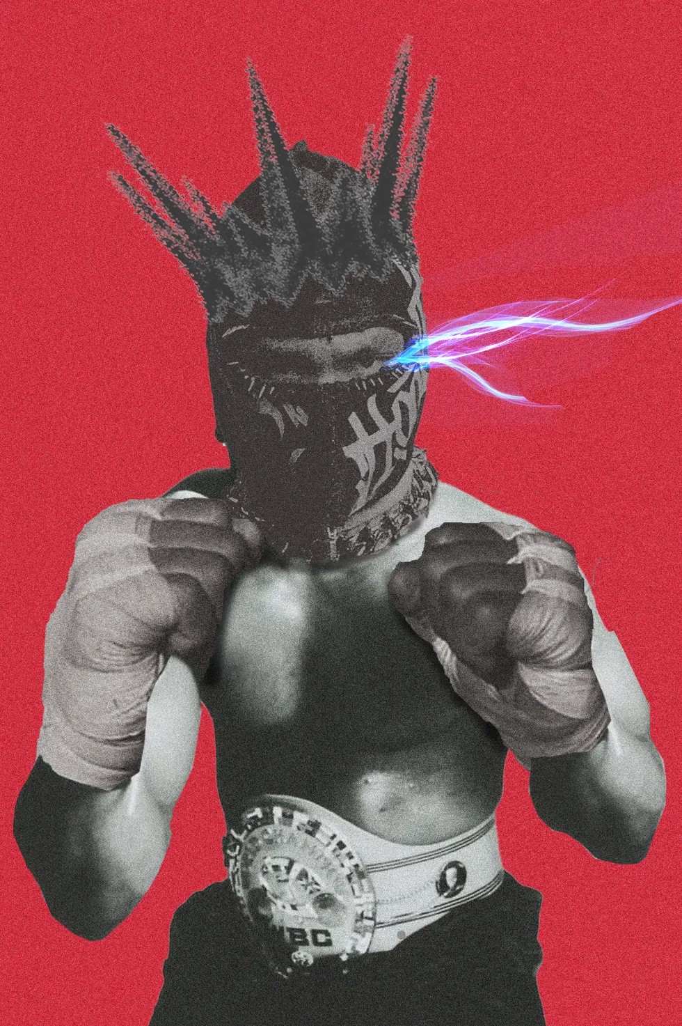 Red poster artwork of a masked fighter with blue light streaks