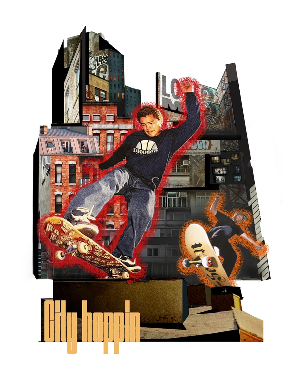 Mixed-media streetwear collage titled City Hopping