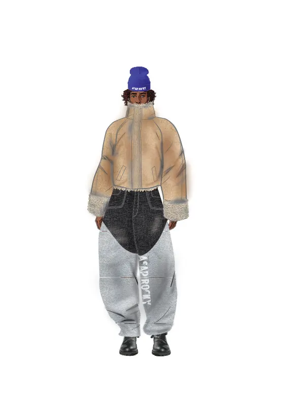 Fashion illustration study with a cropped tan jacket