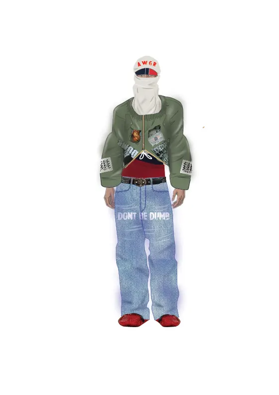 Fashion illustration study with green knitwear and wide jeans