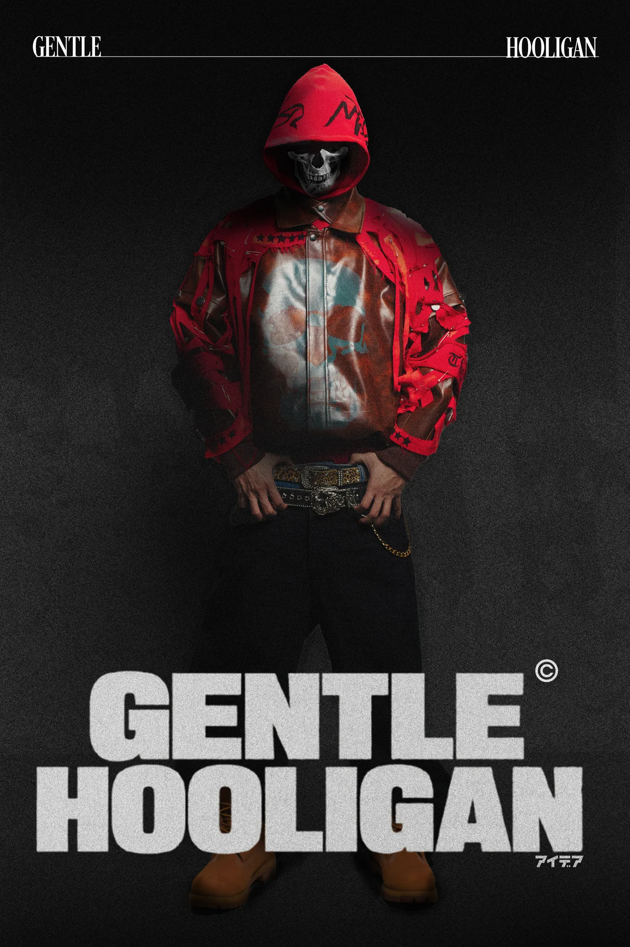 Model in a red Gentle Hooligan hood and graphic streetwear look