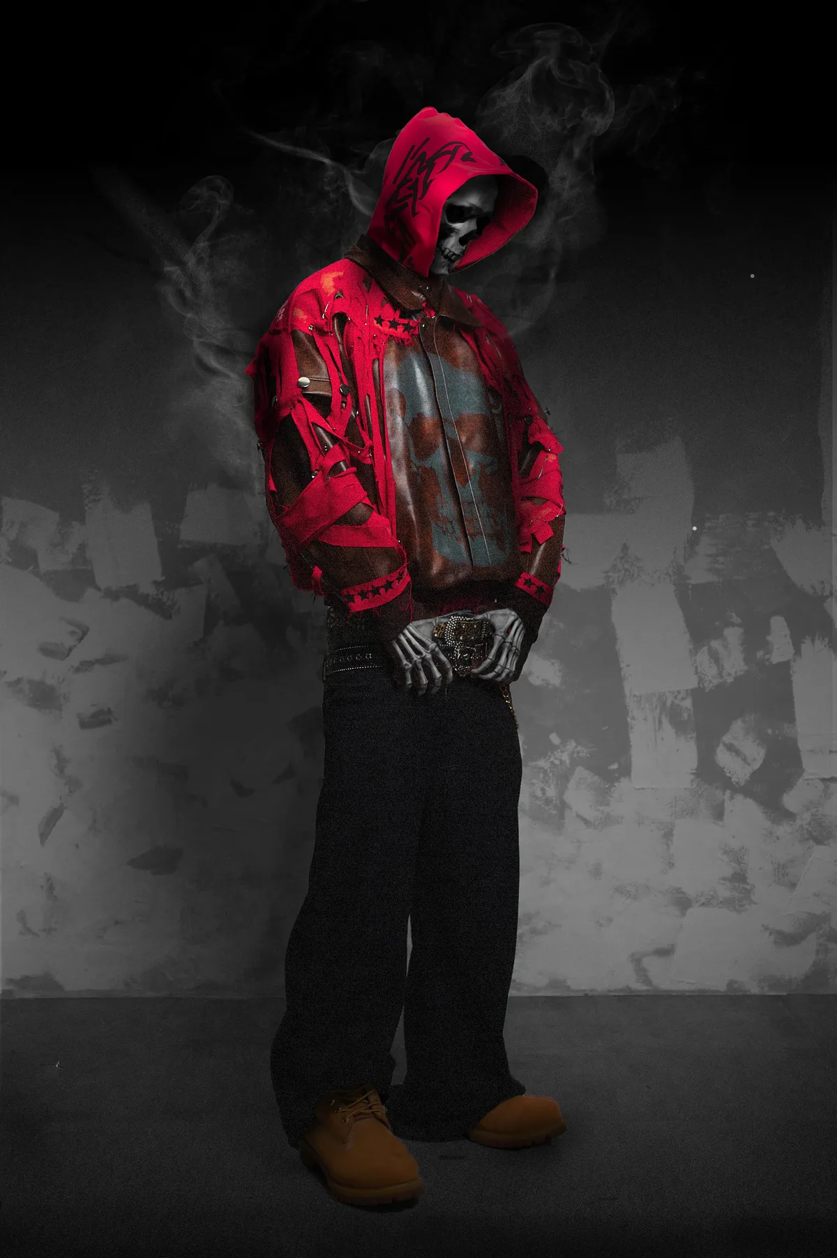 Model wearing a red Gentle Hooligan hooded look in a smoky studio