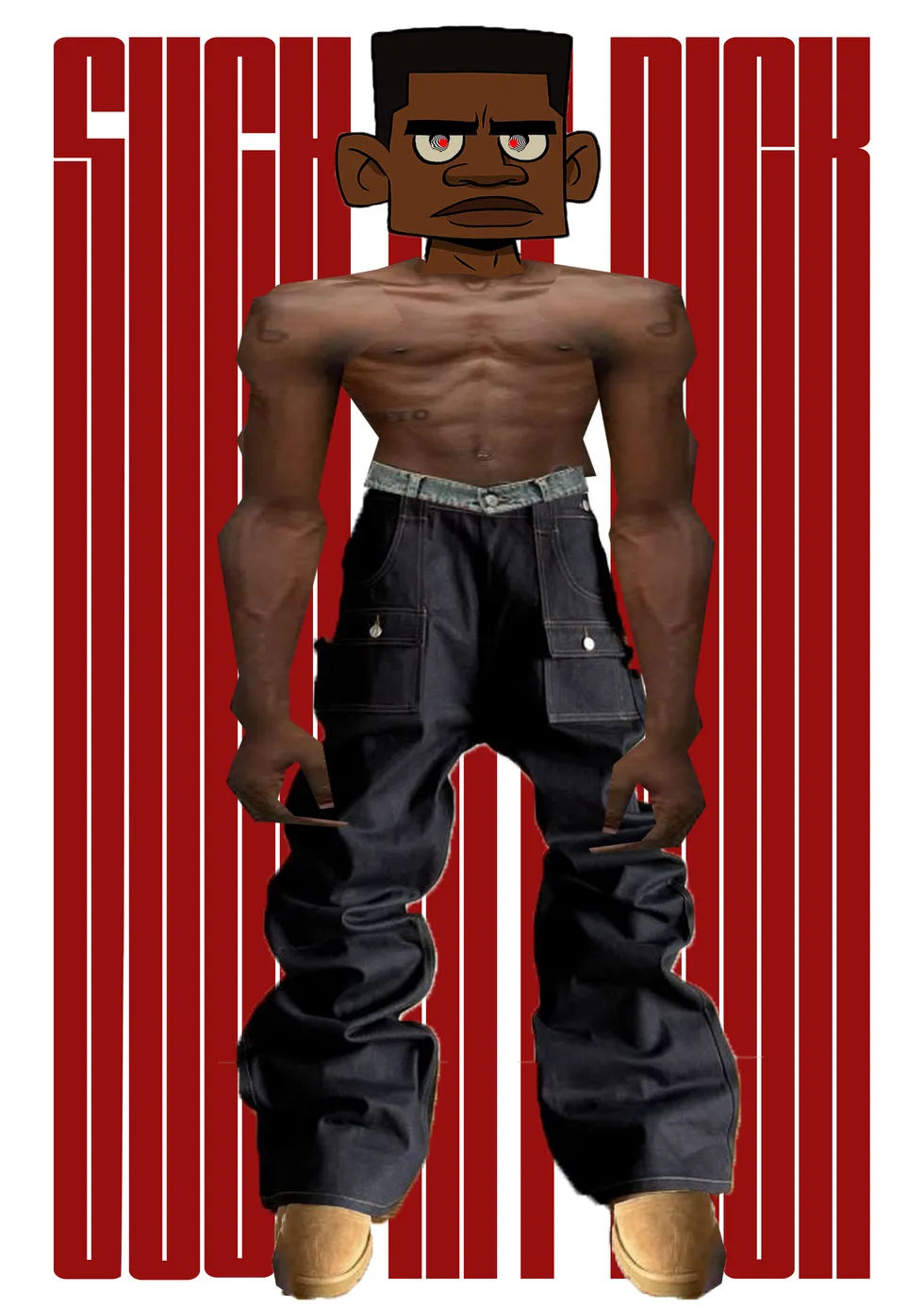 Stylized character study on a red graphic background